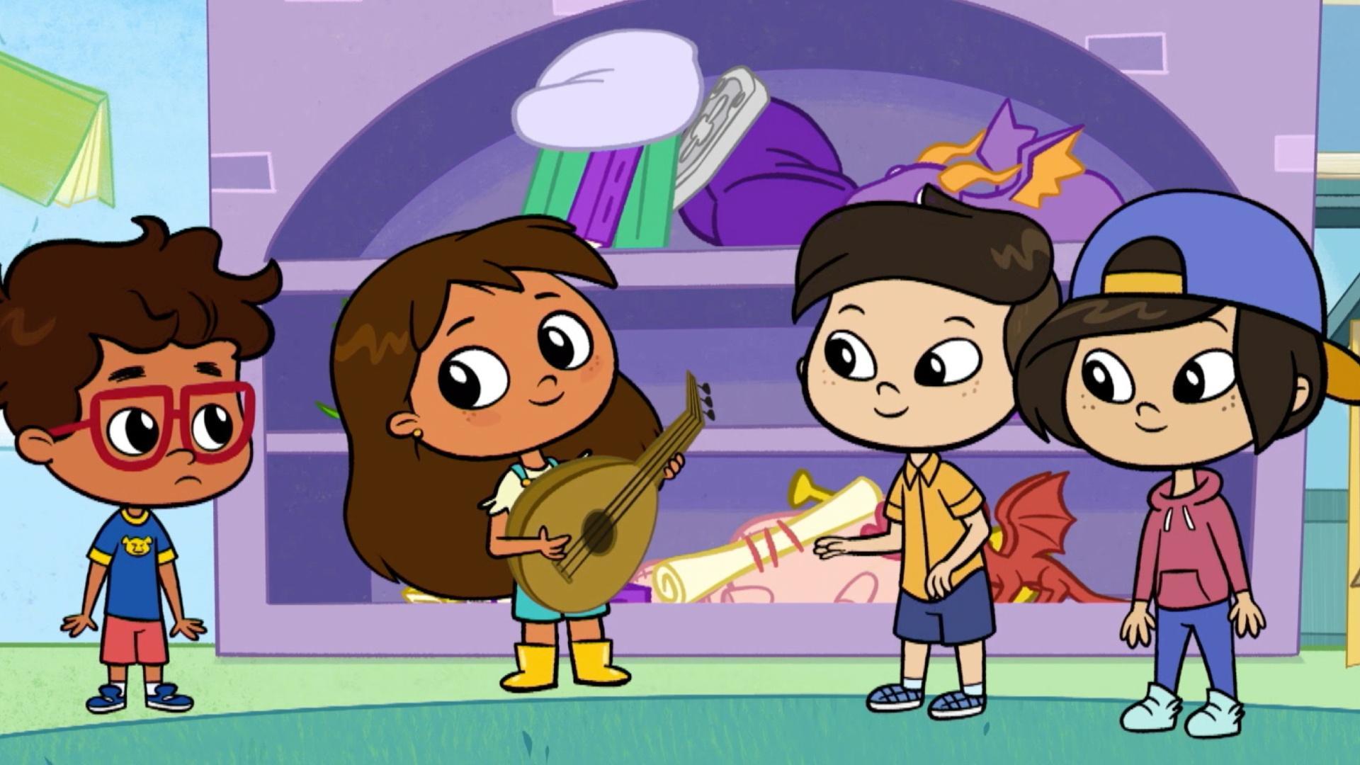 Rosie helps Mom set up for story time. / Rosie and Javi make a strawberry horchata stand.