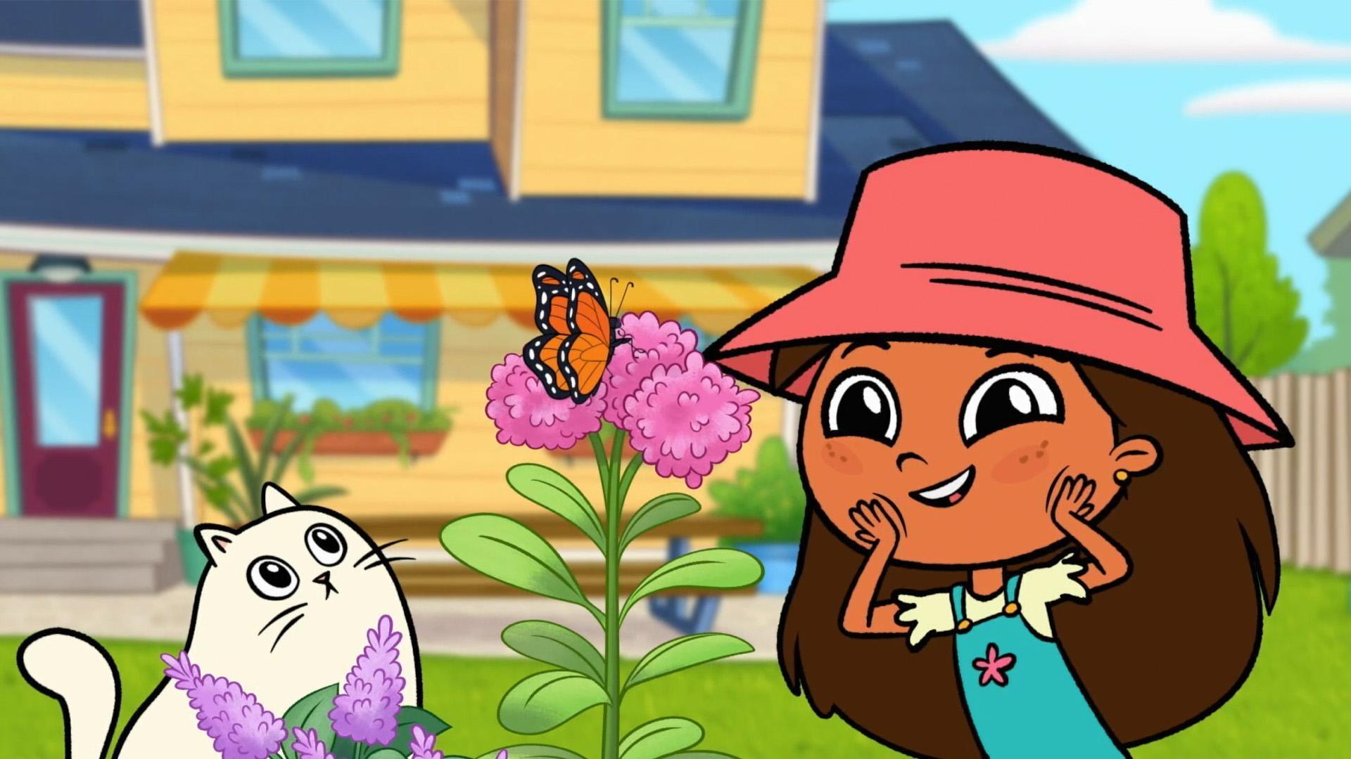 Rosie tries to get the garbage truck to come. / Rosie attempts to bring nature inside.