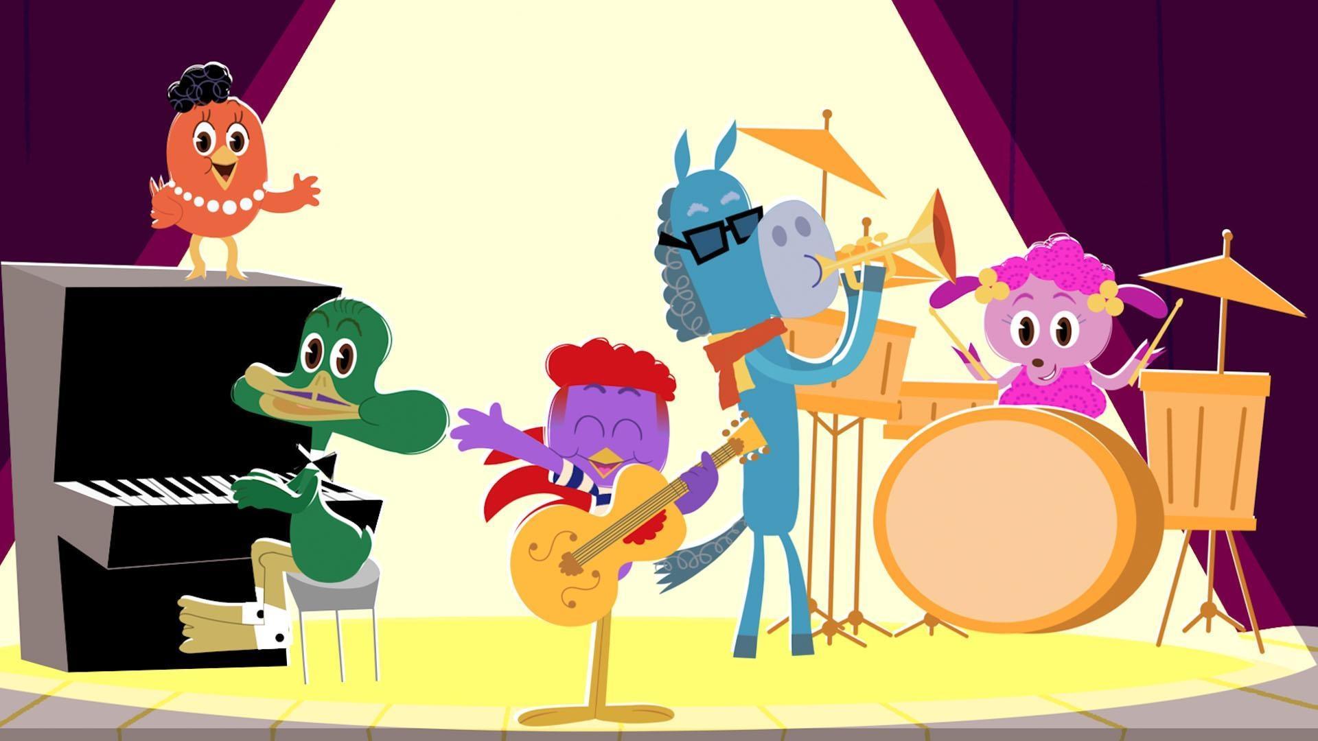 A guitar-playing Rooster journeys to the Bebop Barnyard and learns to play in a jazz band.