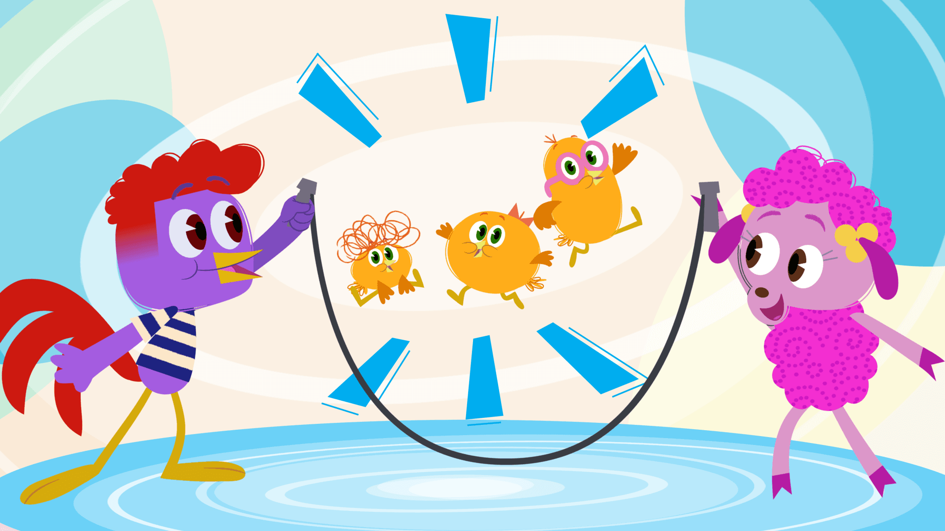 Rooster and Lil teach the Chick-a-Dees how to jump rope by following the beat!