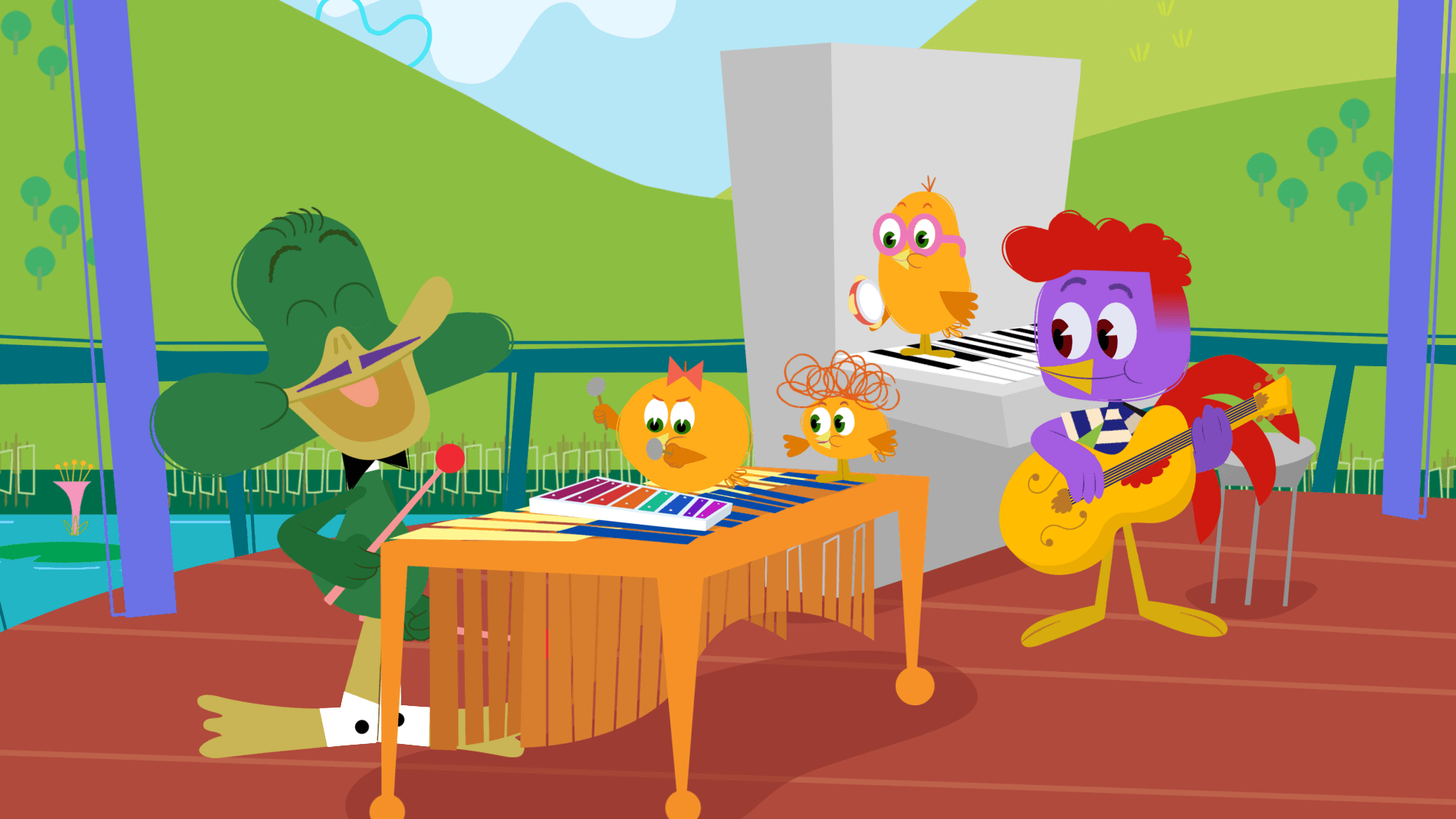 Rooster and the Chick-a-Dees discover the mellow-smooth sounds of the marimba with Duck.