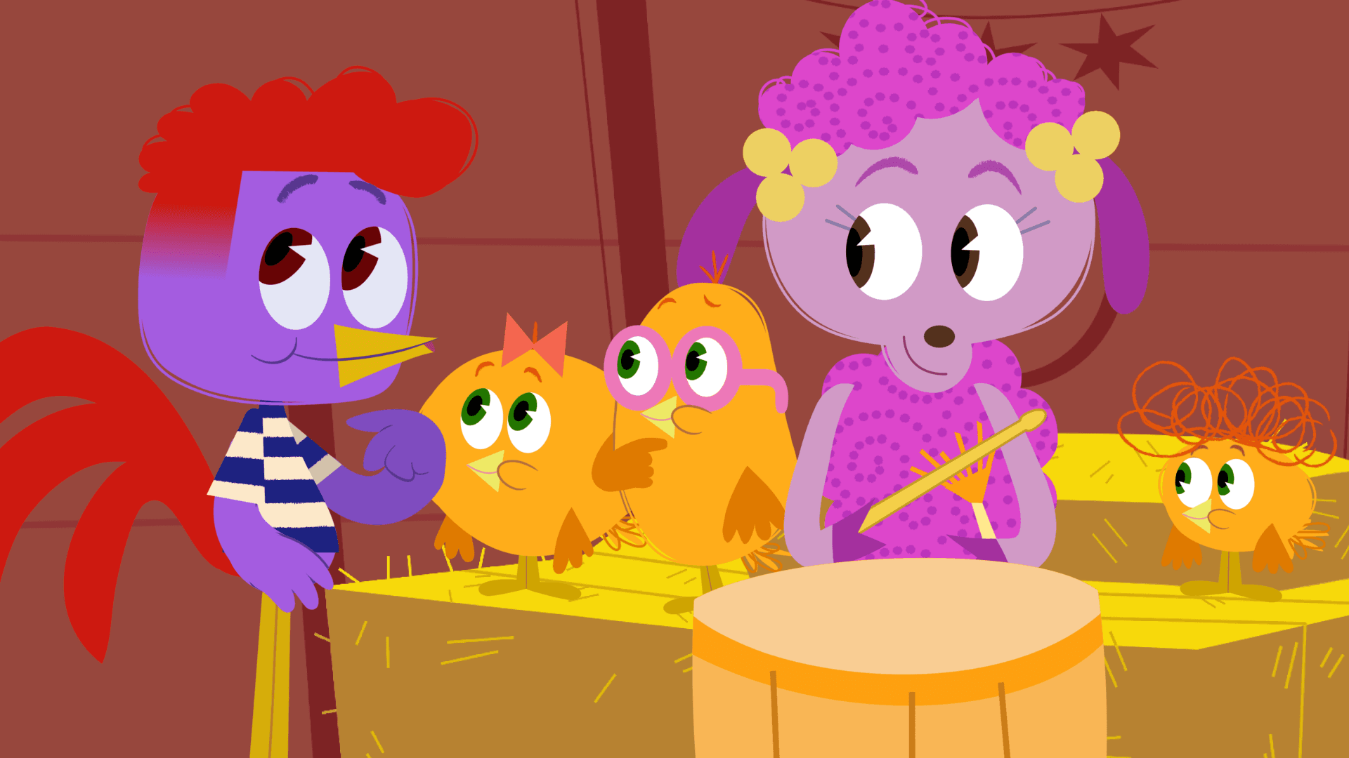 Rooster and Lil show the Chick-a-Dees how music can be loud or soft -- just like thunder!