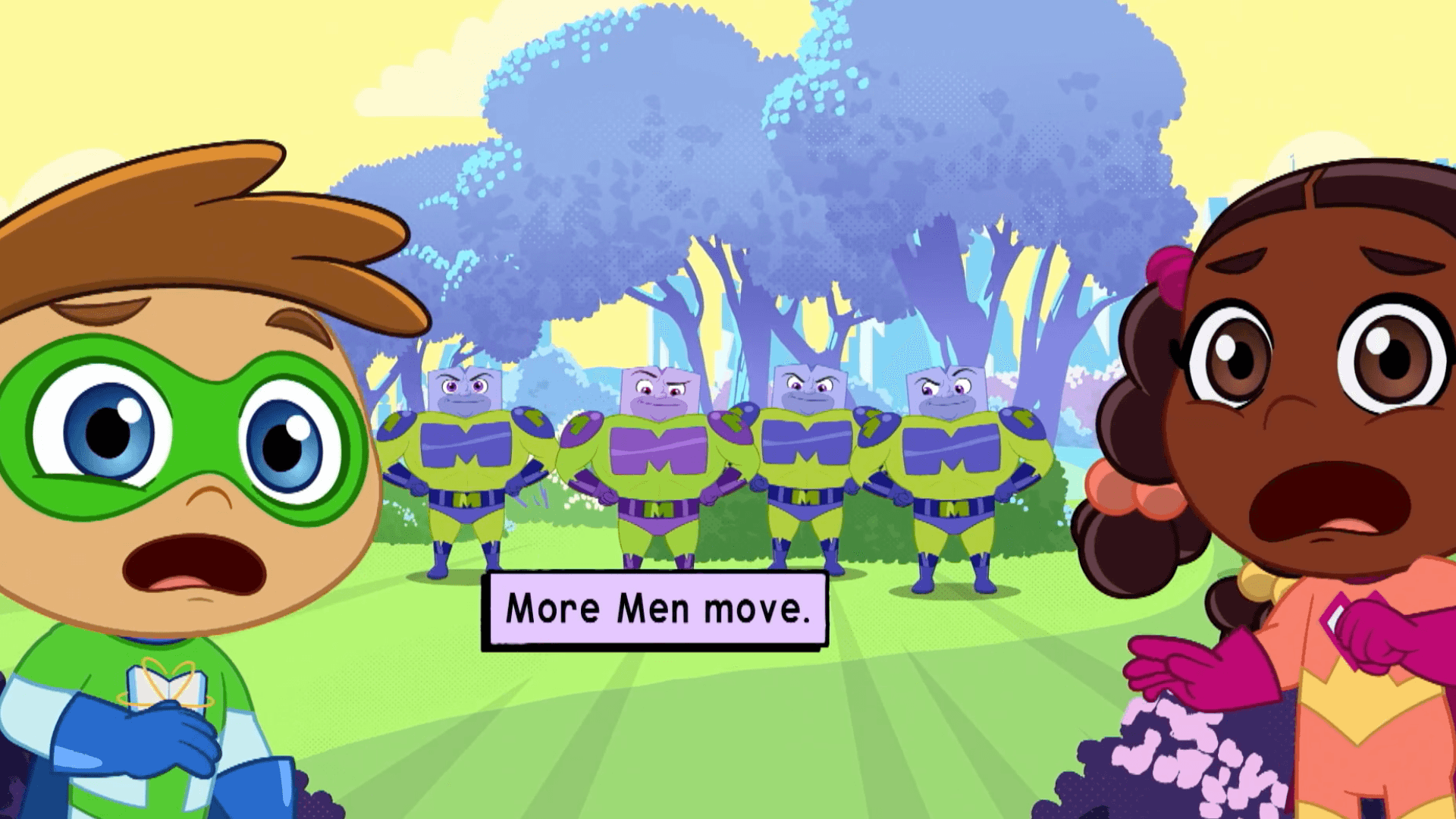 More Man uses a tongue twister to multiply himself. Now there are too many More Men.